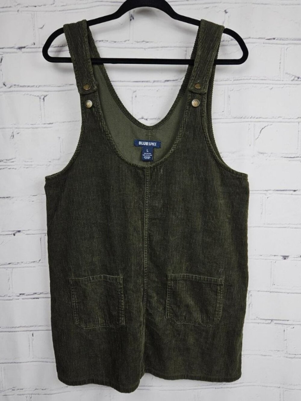 Olive Green Corduroy Jumper Dress Womens L Pockets Academia Blue Spice brand
